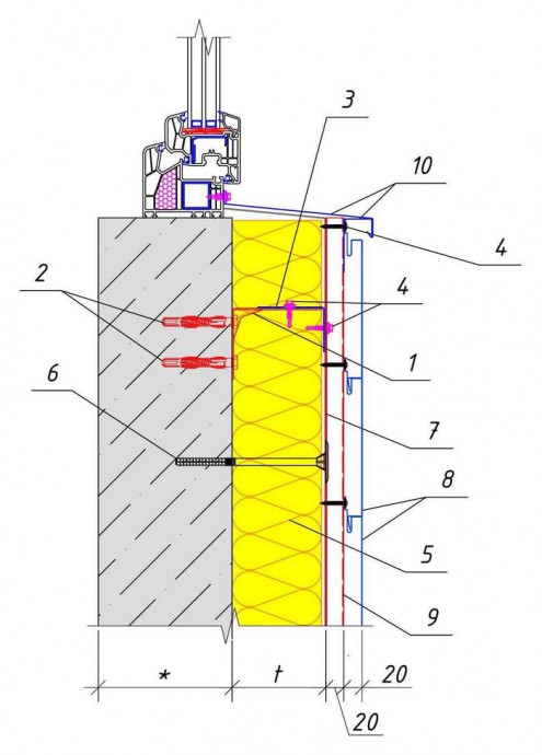 Решение узла под окном (Вариант-1) здания при обшивке PS-панелями горизонтально с утеплением