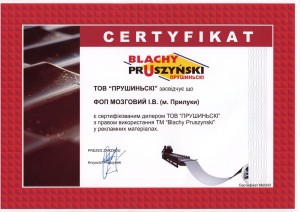 Сертификат официального представителя компании "Прушиньски"